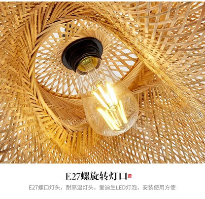 40-80cm Bamboo Weaving LED Pendant Light HandMade Vintage Home Hanging Chandelier Lampshade Dining Living Room Indoor Fixtures
