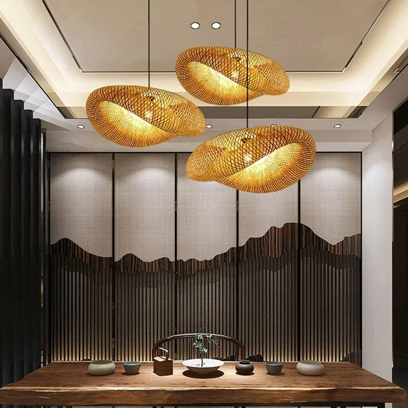 40-80cm Bamboo Weaving LED Pendant Light HandMade Vintage Home Hanging Chandelier Lampshade Dining Living Room Indoor Fixtures