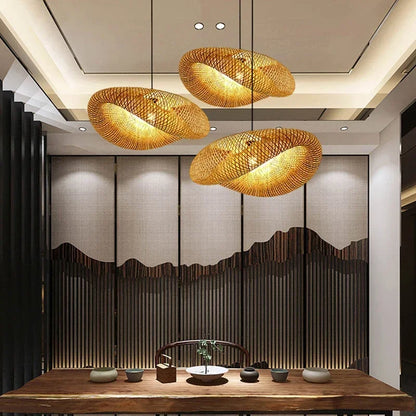 40-80cm Bamboo Weaving LED Pendant Light HandMade Vintage Home Hanging Chandelier Lampshade Dining Living Room Indoor Fixtures