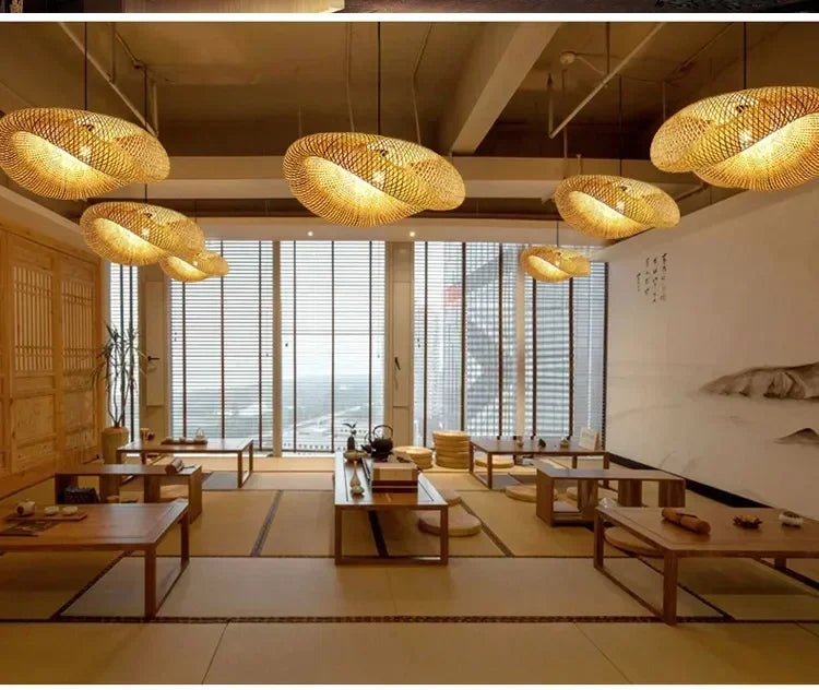 40-80cm Bamboo Weaving LED Pendant Light HandMade Vintage Home Hanging Chandelier Lampshade Dining Living Room Indoor Fixtures