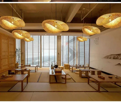40-80cm Bamboo Weaving LED Pendant Light HandMade Vintage Home Hanging Chandelier Lampshade Dining Living Room Indoor Fixtures