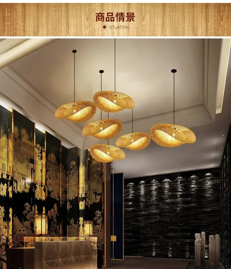40-80cm Bamboo Weaving LED Pendant Light HandMade Vintage Home Hanging Chandelier Lampshade Dining Living Room Indoor Fixtures
