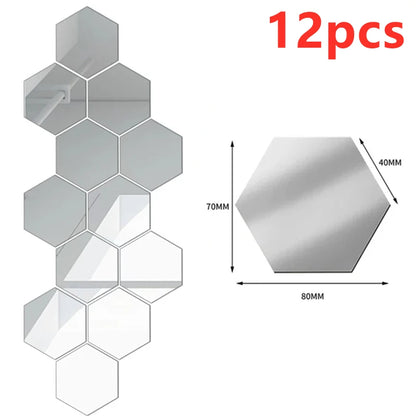 12/24Pcs 3D Hexagon Mirror Wall Stickers DIY Removable Self Adhesive Aesthetic Mosaic Tiles Decals Mirror Home Decoration
