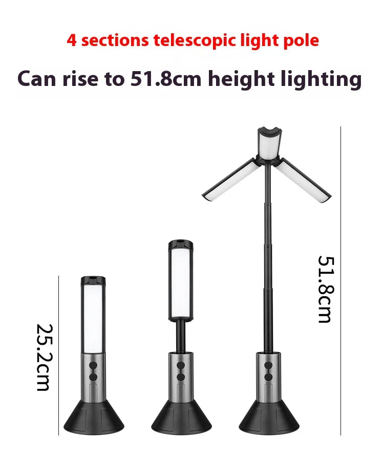 Portable Telescopic Searchlight Folding LED Flashligh 3-head Rechargeable Outdoor Car Repair Working Camping Tent Light