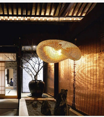 40-80cm Bamboo Weaving LED Pendant Light HandMade Vintage Home Hanging Chandelier Lampshade Dining Living Room Indoor Fixtures
