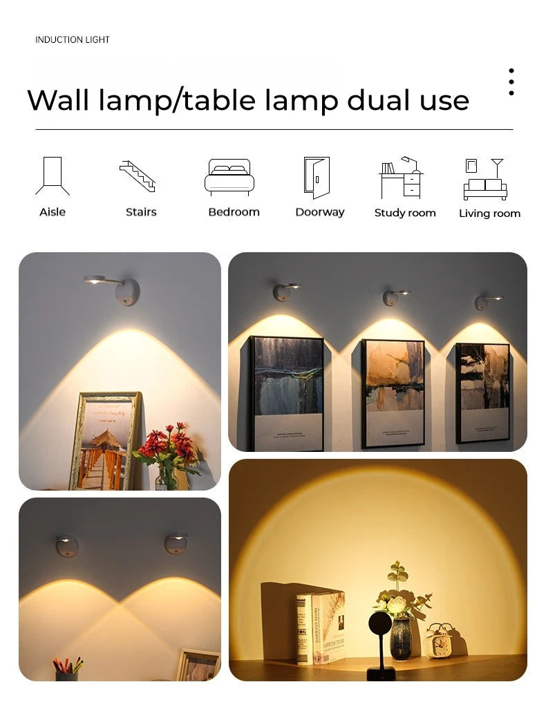 HPH USB Rechargeable Intelligent Human Sensing Wireless Wall Light Dimmable Led Spotlight For Lighting Paintings Pictures