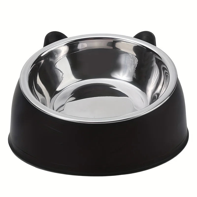 1pc Elevated Stainless Steel Cat Bowl, Inclined Food & Water Dish with Cute Ear Stand, Neck Protection Design for Cats