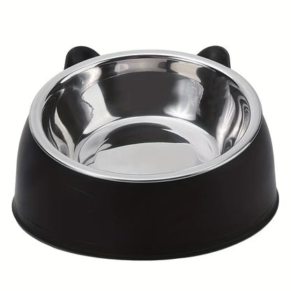 1pc Elevated Stainless Steel Cat Bowl, Inclined Food & Water Dish with Cute Ear Stand, Neck Protection Design for Cats