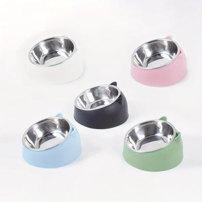 1pc Elevated Stainless Steel Cat Bowl, Inclined Food & Water Dish with Cute Ear Stand, Neck Protection Design for Cats