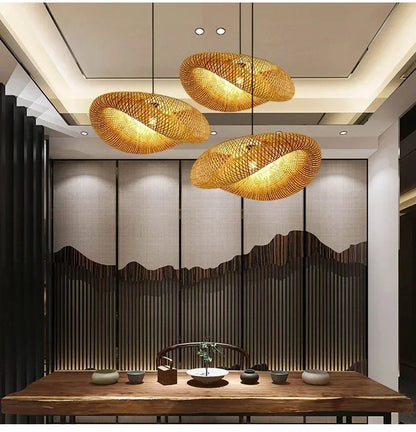 40-80cm Bamboo Weaving LED Pendant Light HandMade Vintage Home Hanging Chandelier Lampshade Dining Living Room Indoor Fixtures