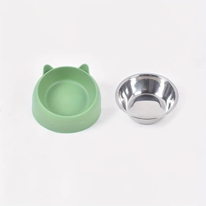 1pc Elevated Stainless Steel Cat Bowl, Inclined Food & Water Dish with Cute Ear Stand, Neck Protection Design for Cats