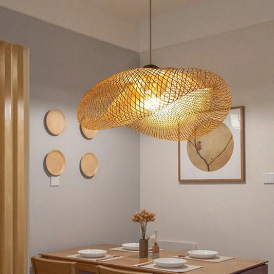 40-80cm Bamboo Weaving LED Pendant Light HandMade Vintage Home Hanging Chandelier Lampshade Dining Living Room Indoor Fixtures
