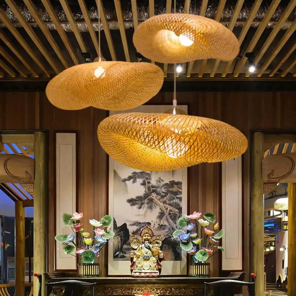 40-80cm Bamboo Weaving LED Pendant Light HandMade Vintage Home Hanging Chandelier Lampshade Dining Living Room Indoor Fixtures