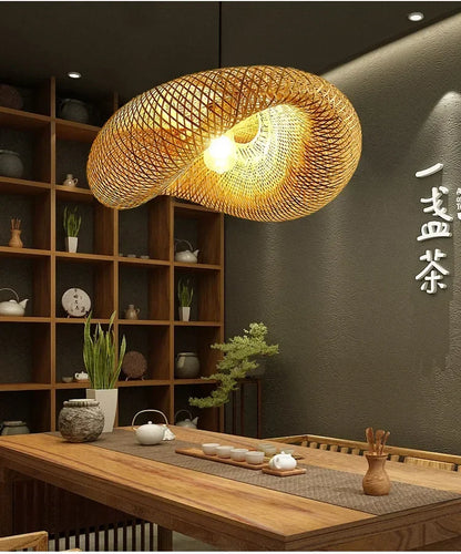 40-80cm Bamboo Weaving LED Pendant Light HandMade Vintage Home Hanging Chandelier Lampshade Dining Living Room Indoor Fixtures