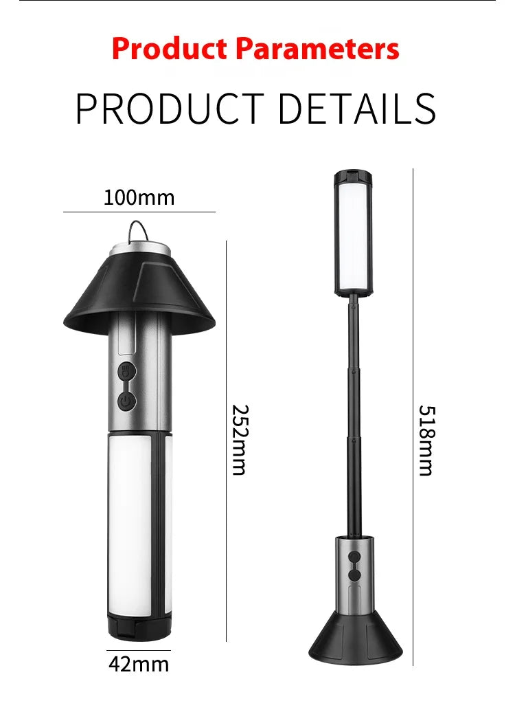 Portable Telescopic Searchlight Folding LED Flashligh 3-head Rechargeable Outdoor Car Repair Working Camping Tent Light