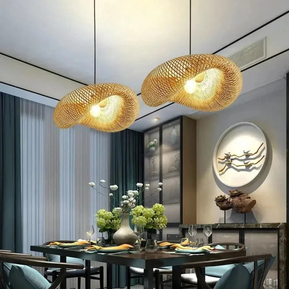 40-80cm Bamboo Weaving LED Pendant Light HandMade Vintage Home Hanging Chandelier Lampshade Dining Living Room Indoor Fixtures