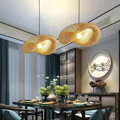 40-80cm Bamboo Weaving LED Pendant Light HandMade Vintage Home Hanging Chandelier Lampshade Dining Living Room Indoor Fixtures
