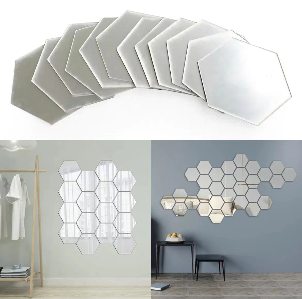 12/24Pcs 3D Hexagon Mirror Wall Stickers DIY Removable Self Adhesive Aesthetic Mosaic Tiles Decals Mirror Home Decoration