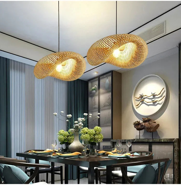 40-80cm Bamboo Weaving LED Pendant Light HandMade Vintage Home Hanging Chandelier Lampshade Dining Living Room Indoor Fixtures
