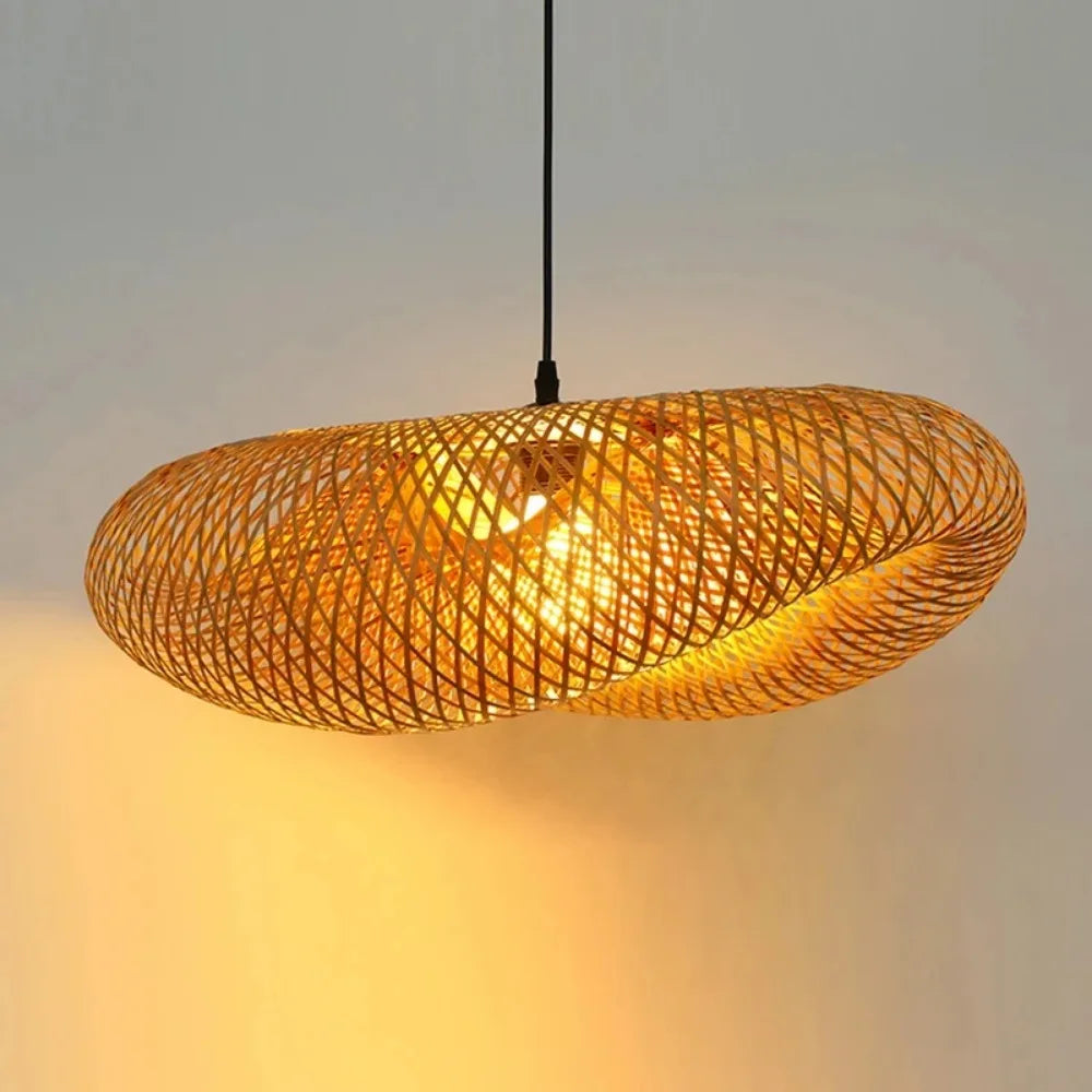 40-80cm Bamboo Weaving LED Pendant Light HandMade Vintage Home Hanging Chandelier Lampshade Dining Living Room Indoor Fixtures