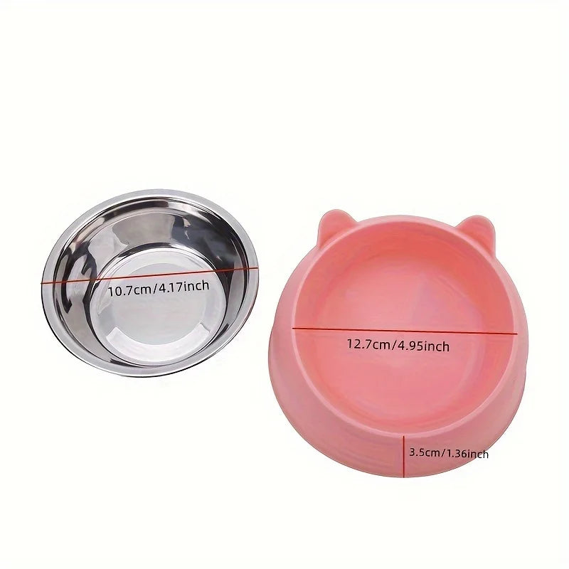 1pc Elevated Stainless Steel Cat Bowl, Inclined Food & Water Dish with Cute Ear Stand, Neck Protection Design for Cats