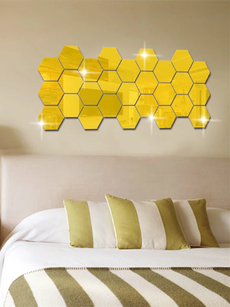12/24Pcs 3D Hexagon Mirror Wall Stickers DIY Removable Self Adhesive Aesthetic Mosaic Tiles Decals Mirror Home Decoration