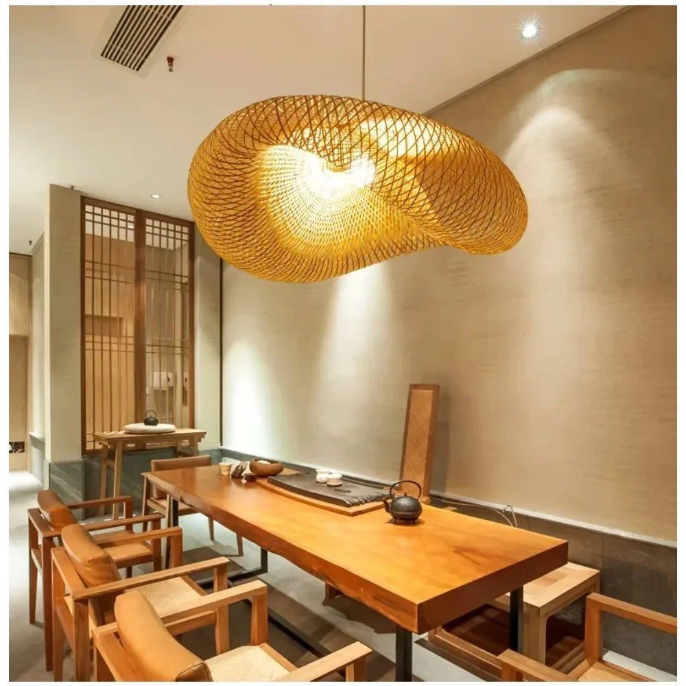 40-80cm Bamboo Weaving LED Pendant Light HandMade Vintage Home Hanging Chandelier Lampshade Dining Living Room Indoor Fixtures