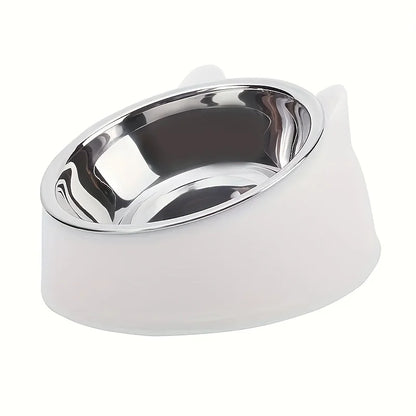 1pc Elevated Stainless Steel Cat Bowl, Inclined Food & Water Dish with Cute Ear Stand, Neck Protection Design for Cats