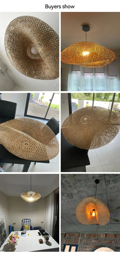 40-80cm Bamboo Weaving LED Pendant Light HandMade Vintage Home Hanging Chandelier Lampshade Dining Living Room Indoor Fixtures