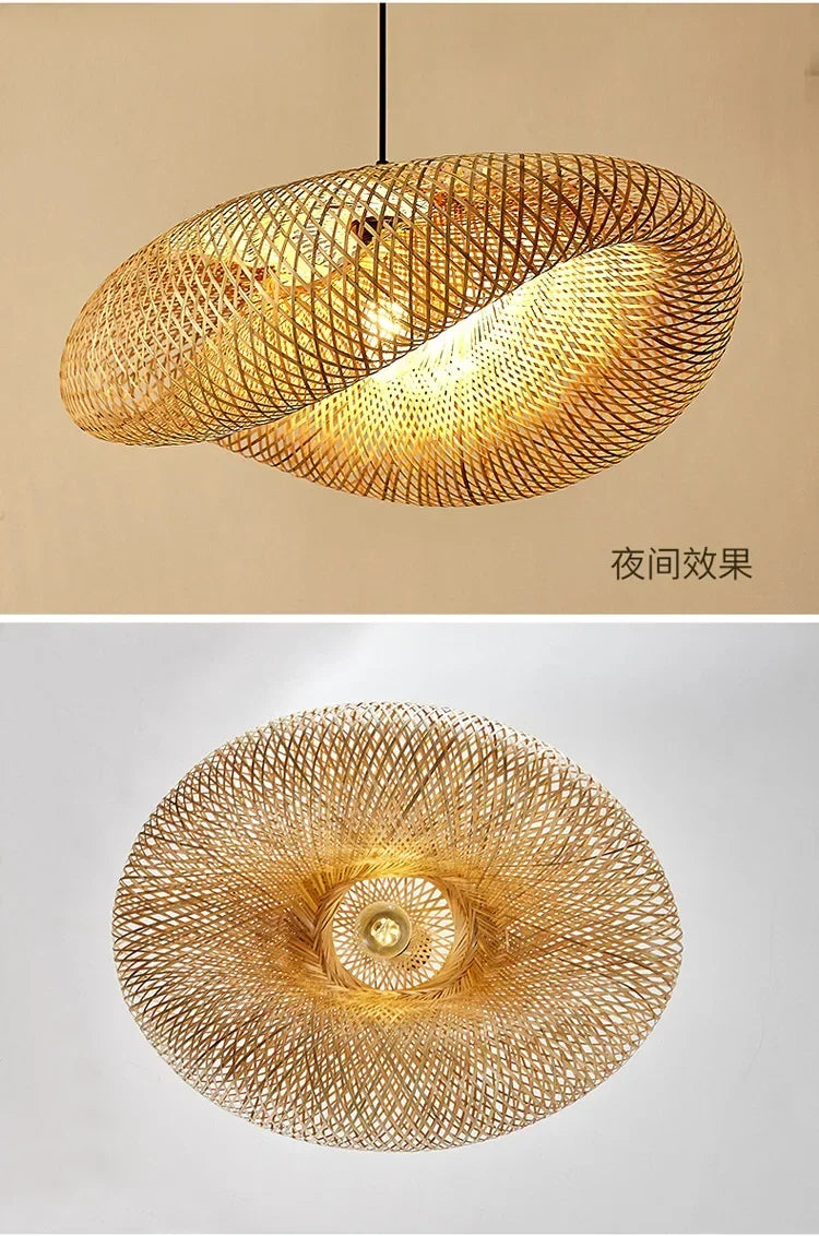 40-80cm Bamboo Weaving LED Pendant Light HandMade Vintage Home Hanging Chandelier Lampshade Dining Living Room Indoor Fixtures