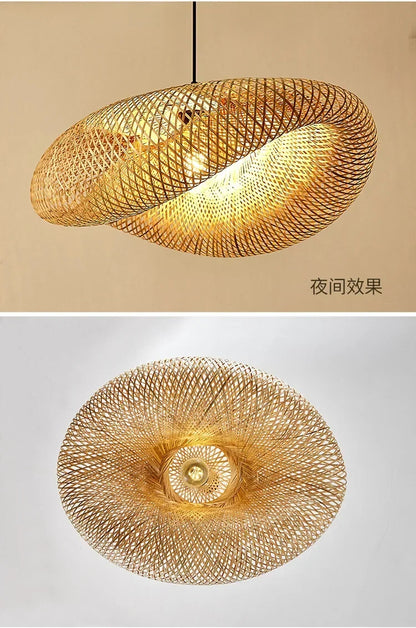 40-80cm Bamboo Weaving LED Pendant Light HandMade Vintage Home Hanging Chandelier Lampshade Dining Living Room Indoor Fixtures